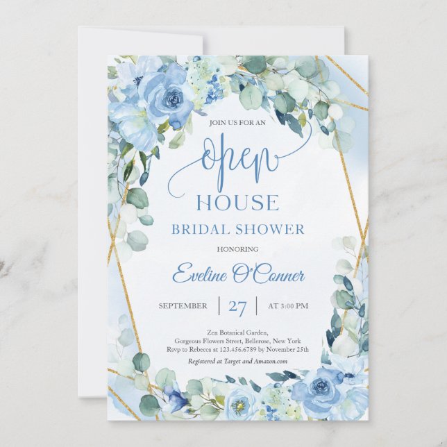 Boho Ice blue floral eucalyptus & gold Open House Invitation (Front)