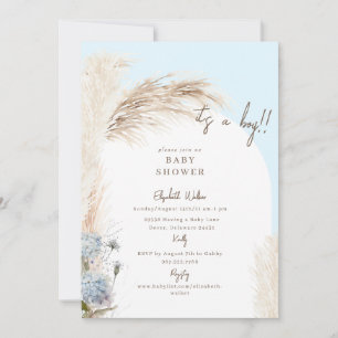 Boho Icy Blue Pampas Baby Shower  Invitation