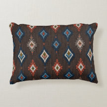 Boho Ikat Accent Pillow – Earthy Brown with Coral