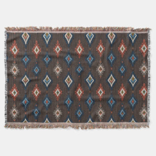 Boho Ikat Throw Blanket – Earthy Brown with Coral