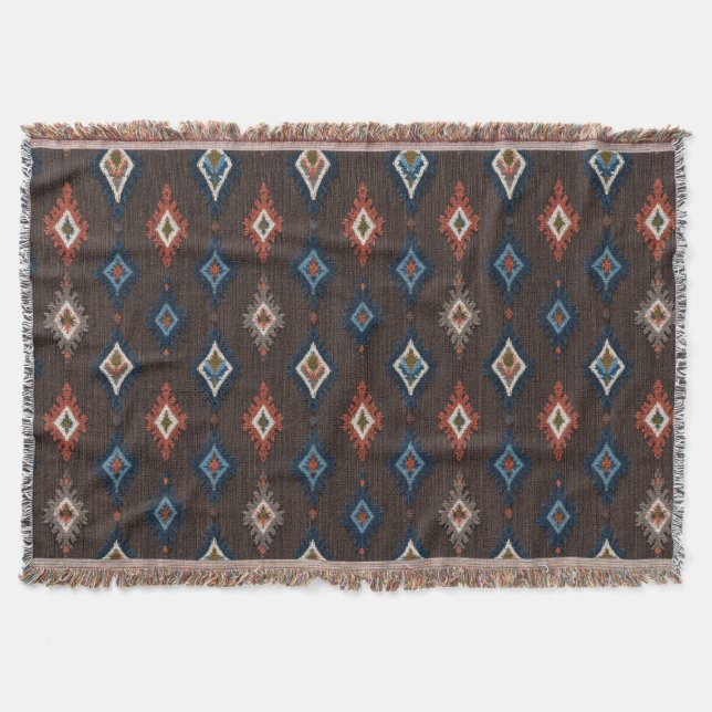 Boho Ikat Throw Blanket – Earthy Brown with Coral  (Front)