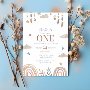 Boho Illustration 1st Birthday Invitation