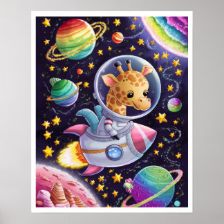 Boho Illustration Girafe navigating through Space Poster