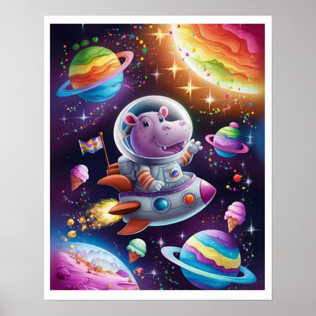 Boho Illustration Hippopotamus in Space Poster (Front)