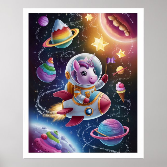 Boho Illustration Unicorn in Space Poster (Front)