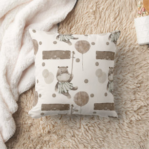 Boho in Neutrals: Baby Hippos & Balloons Nursery Cushion