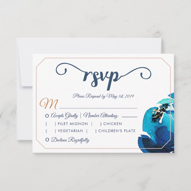 Boho Indigo Copper Watercolor Floral Wedding RSVP Invitation (Front)