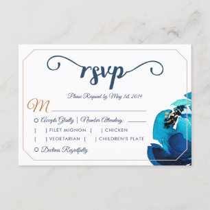 Boho Indigo Copper Watercolor Floral Wedding RSVP Invitation
