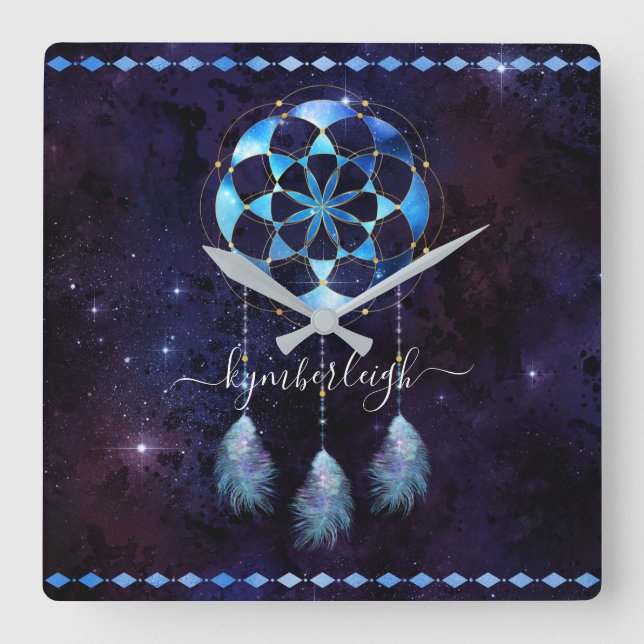 Boho Indigo Tribal Celestial Mandala Dreamcatcher Square Wall Clock (Front)