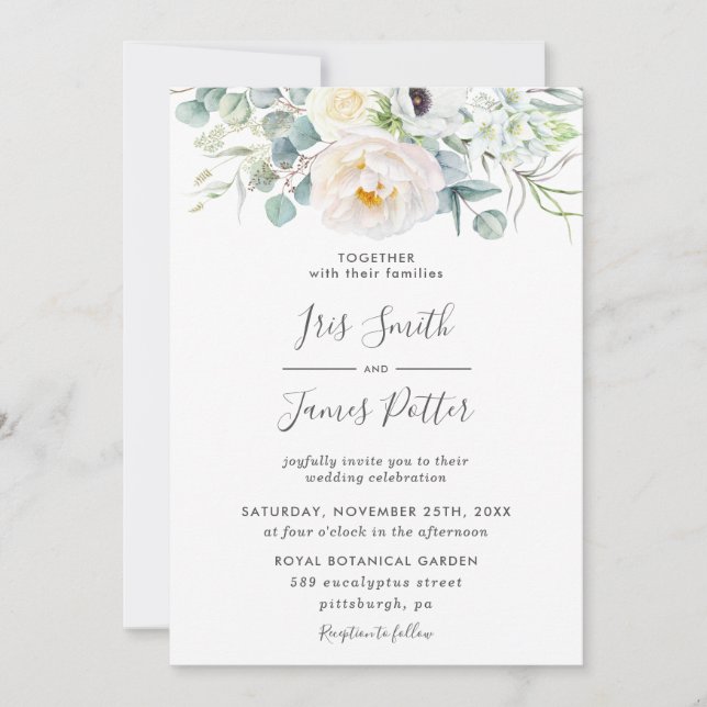 Boho Ivory Anemone Peony Floral Greenery Wedding Invitation (Front)