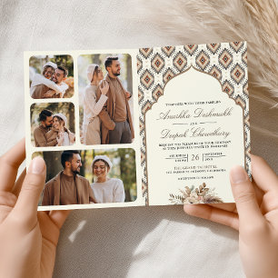 Boho Ivory Beige Ikat Photo Collage Indian Wedding Invitation