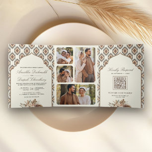 Boho Ivory Beige Ikat Photo Collage Indian Wedding Tri-Fold Invitation