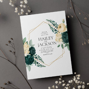 Boho ivory dark green watercolor floral wedding invitation