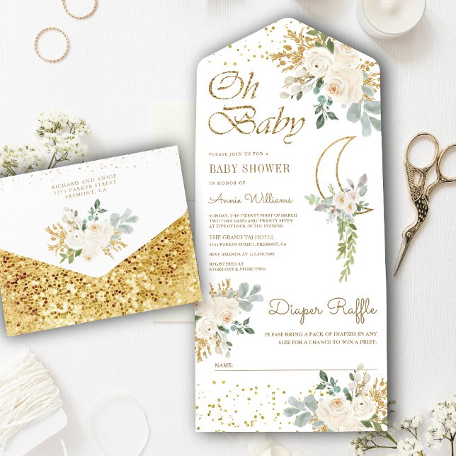 Boho Ivory Floral Gold Crescent Moon Baby Shower All In One Invitation (Creator Uploaded)