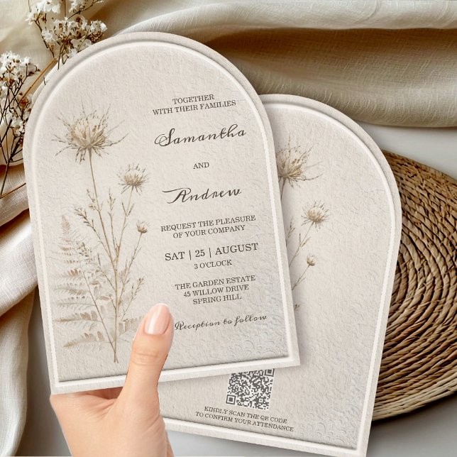 Boho Ivory Pampas Arch Wedding  with QR Code RSVP Invitation (Creator Uploaded)