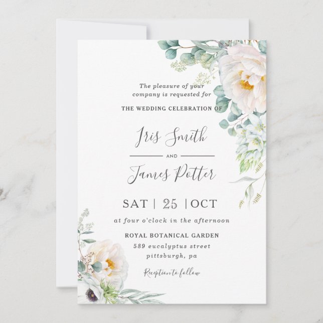 Boho Ivory Peony Roses Floral Greenery Wedding  Invitation (Front)