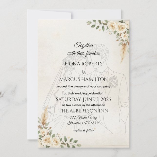 Boho Ivory Roses & Pampas Grass Wedding Save The Date (Front)