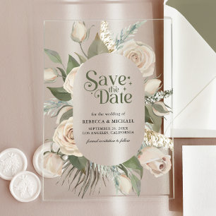 Boho Ivory Roses Sage Green Wedding Save the Date Acrylic Invitations
