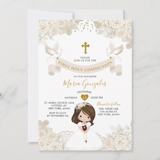 Boho Ivory White Floral Girl First Holy Communion Invitation (Front)