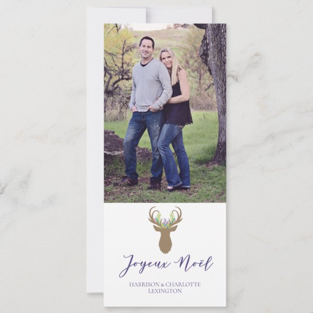 Boho Joy Christmas Reindeer Typography Photo Holiday Card (Front)