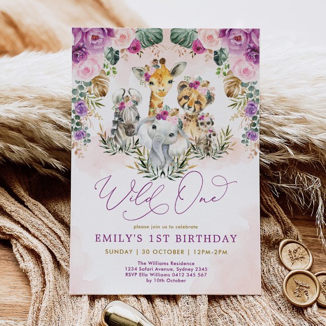 Boho Jungle Animals Wild One Girl 1st Birthday Invitation (Creator Uploaded)