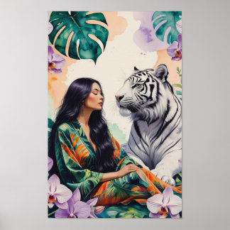 Boho Jungle Dreamscape White Tiger & Woman Poster