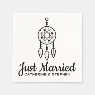 Boho Just Married Dream Catcher  Wedding Black Napkin