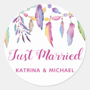 Boho Just Married Feathers Wedding Native American Classic Round Sticker