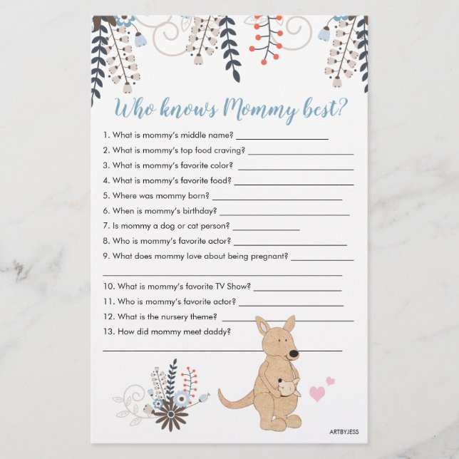 Boho Kangaroo Boy Baby Shower Who Knows Mummy Game (Front)