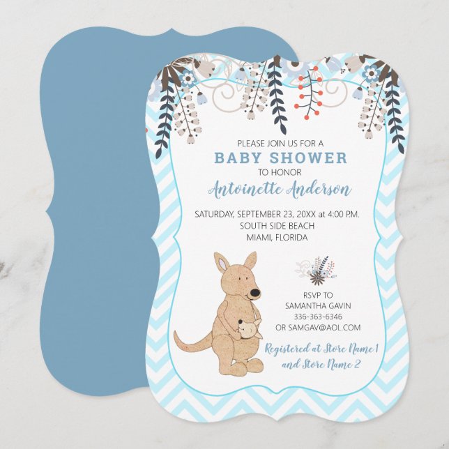 Boho Kangaroo Watercolor Floral Boy Baby Shower Invitation (Front/Back)