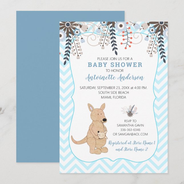 Boho Kangaroo Watercolor Floral Boy Baby Shower Invitation (Front/Back)