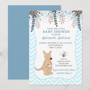 Boho Kangaroo Watercolor Floral Boy Baby Shower Invitation