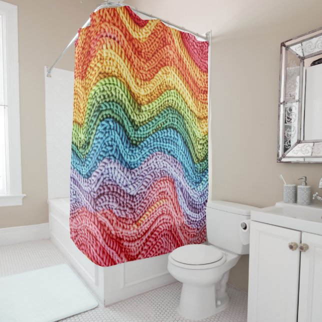 Boho Knit Striped Colourful, Cosy & Artisanal Vibe Shower Curtain (In Situ)