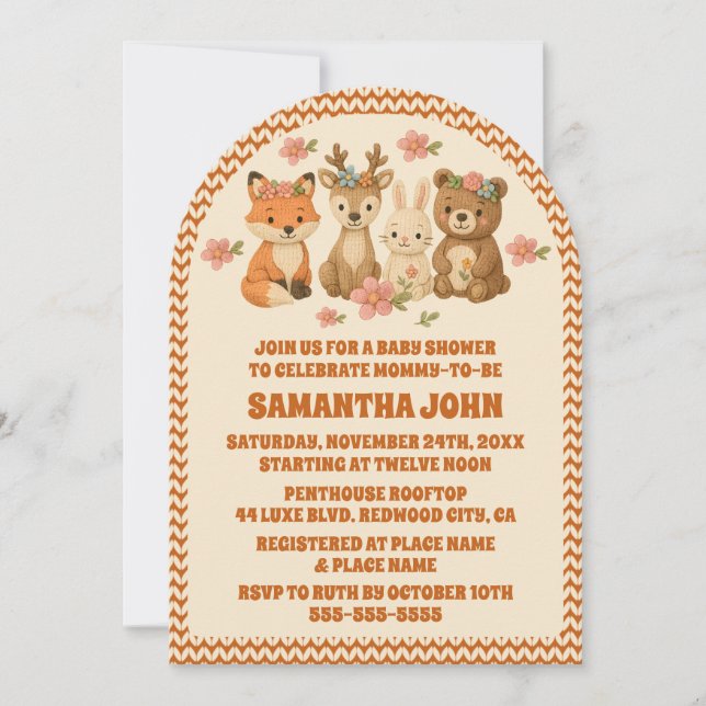 Boho Knitted Floral Woodland Animals Baby Shower  Invitation (Front)