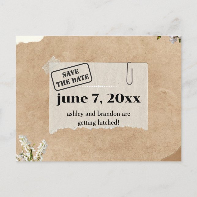 Boho Kraft Paper Floral SAVE THE DATE  Postcard (Front)
