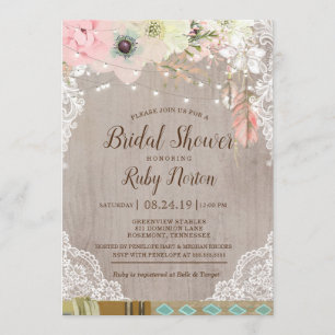 Boho Lace Lights & tribal feather Bridal Shower Invitation