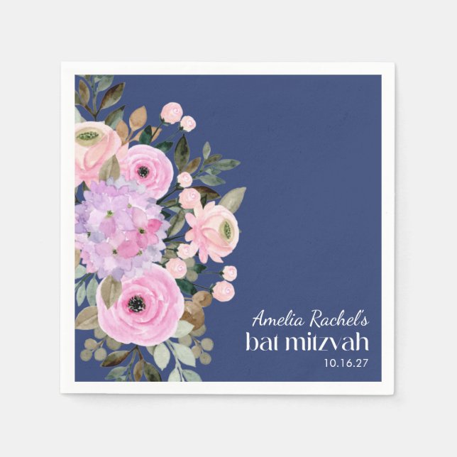 Boho Lavender Blue Floral Watercolor Bat Mitzvah Napkin (Front)