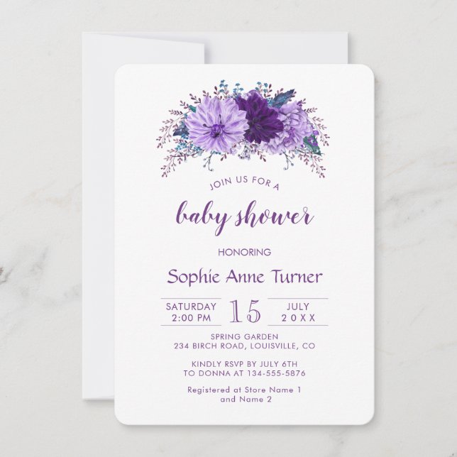 Boho Lavender Floral Plum Purple Baby Shower Invitation (Front)