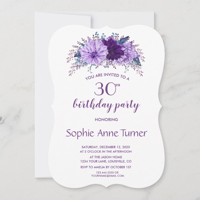 Boho Lavender Floral Plum Purple Birthday Party Invitation (Front)