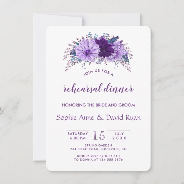 Boho Lavender Floral Plum Purple Rehearsal Dinner Invitation (Front)