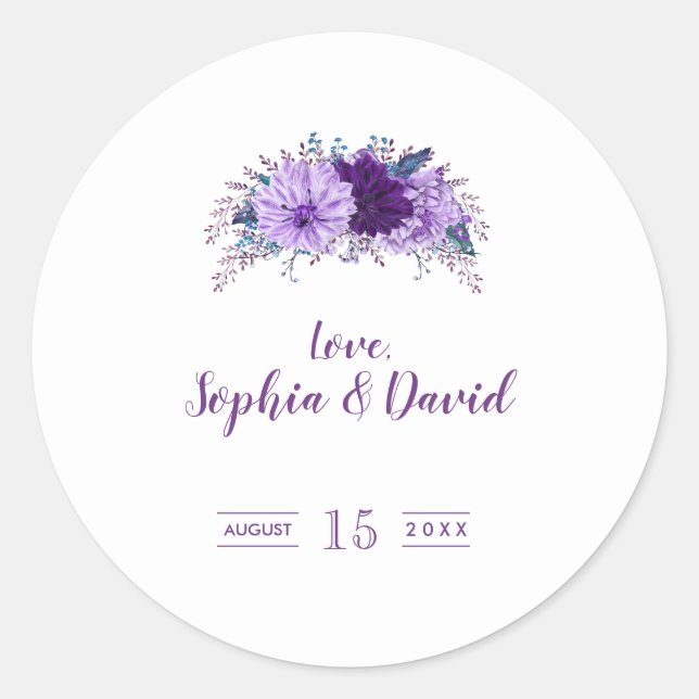 Boho Lavender Floral Plum Purple Wedding Classic Round Sticker (Front)