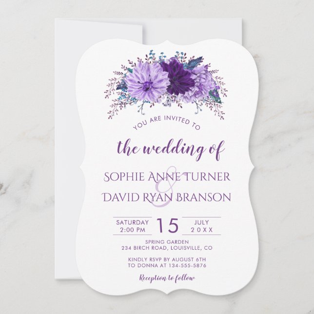 Boho Lavender Floral Plum Purple Wedding Invitation (Front)