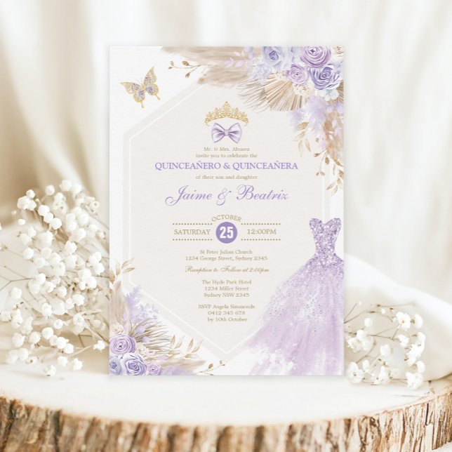 Boho Lavender Floral Twins Boy Girl Quinceañera Invitation (Creator Uploaded)