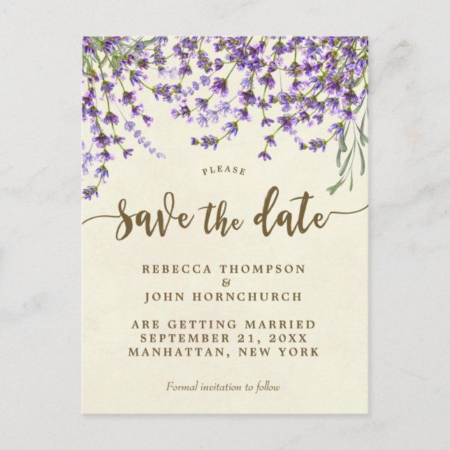 boho lavender floral wedding save the date announcement postcard (Front)