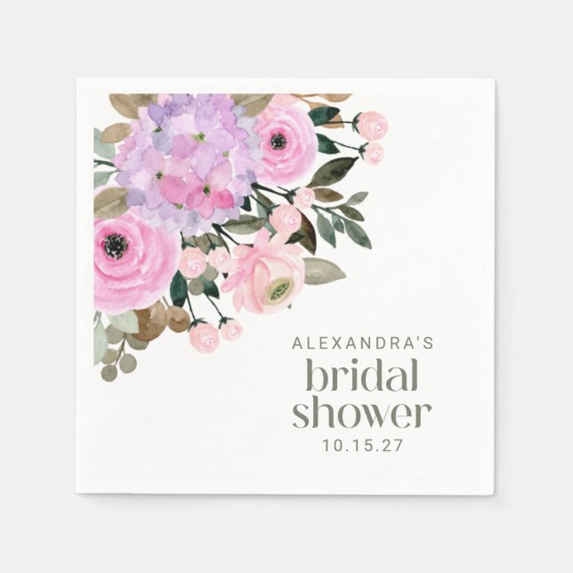 Boho Lavender Pink Floral Watercolor Bridal Shower Napkin (Front)
