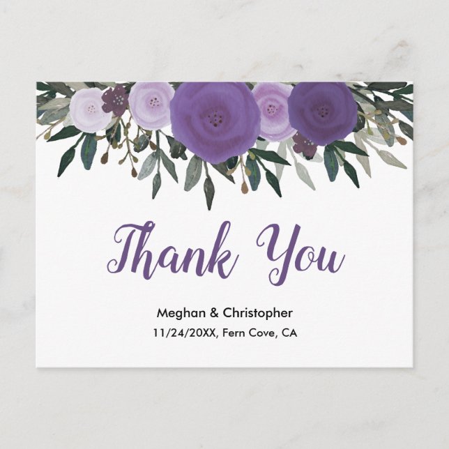 Boho Lavender Purple Watercolor Floral Thank You Postcard (Front)