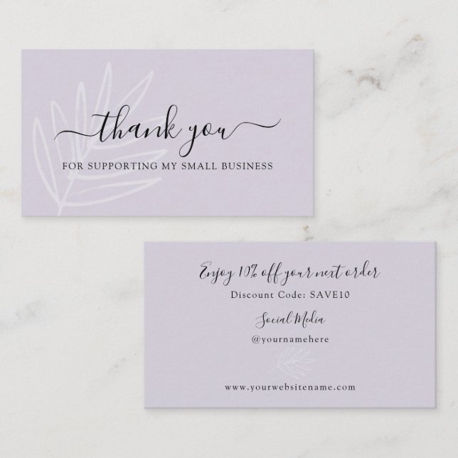Boho Leaf Dusty Purple Thank You For Your Order Business Card (Front/Back)
