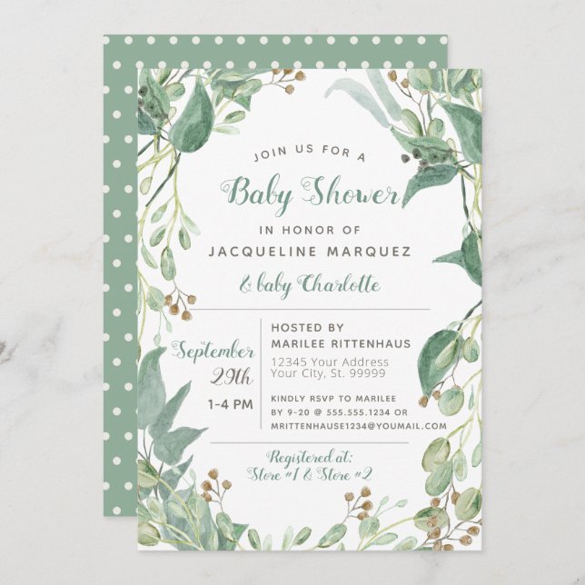 BOHO Leaf Foliage Eucalyptus Greenery Baby Shower Invitation (Front/Back)