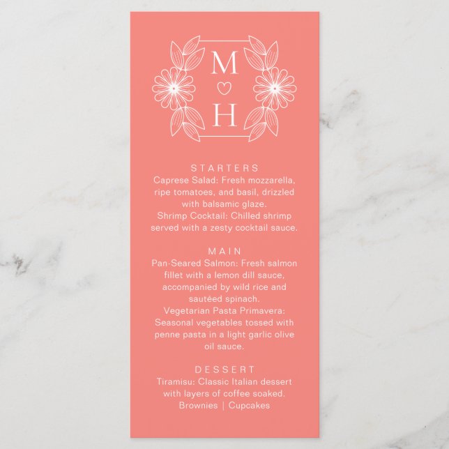 Boho Leaf Monogram Coral Pink Wedding Dinner Menu (Front)