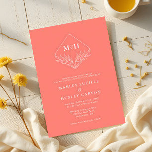 Boho Leaf Monogram Coral Pink Wedding Invitation